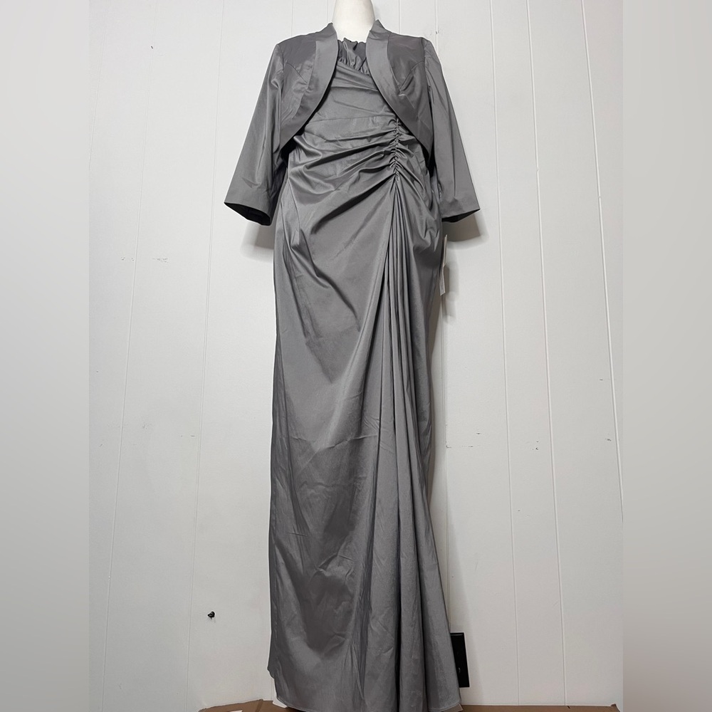 Niteline Gray Asymmetrical Ruched Wrap Gown Stretch Taffeta with Jacket 14W